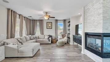 智能电视、壁炉、DVD 播放器、书