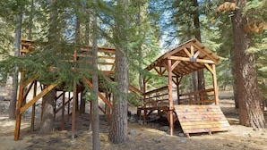 A wooden structure with climbing holds, surrounded by trees in a forest setting. - One acre with a fire pit, kids play area, treehouse, zipline, pets welcome (Springville)