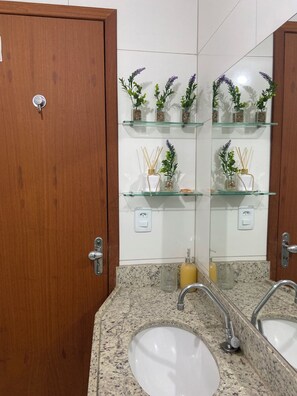 Hair dryer, towels, toilet paper