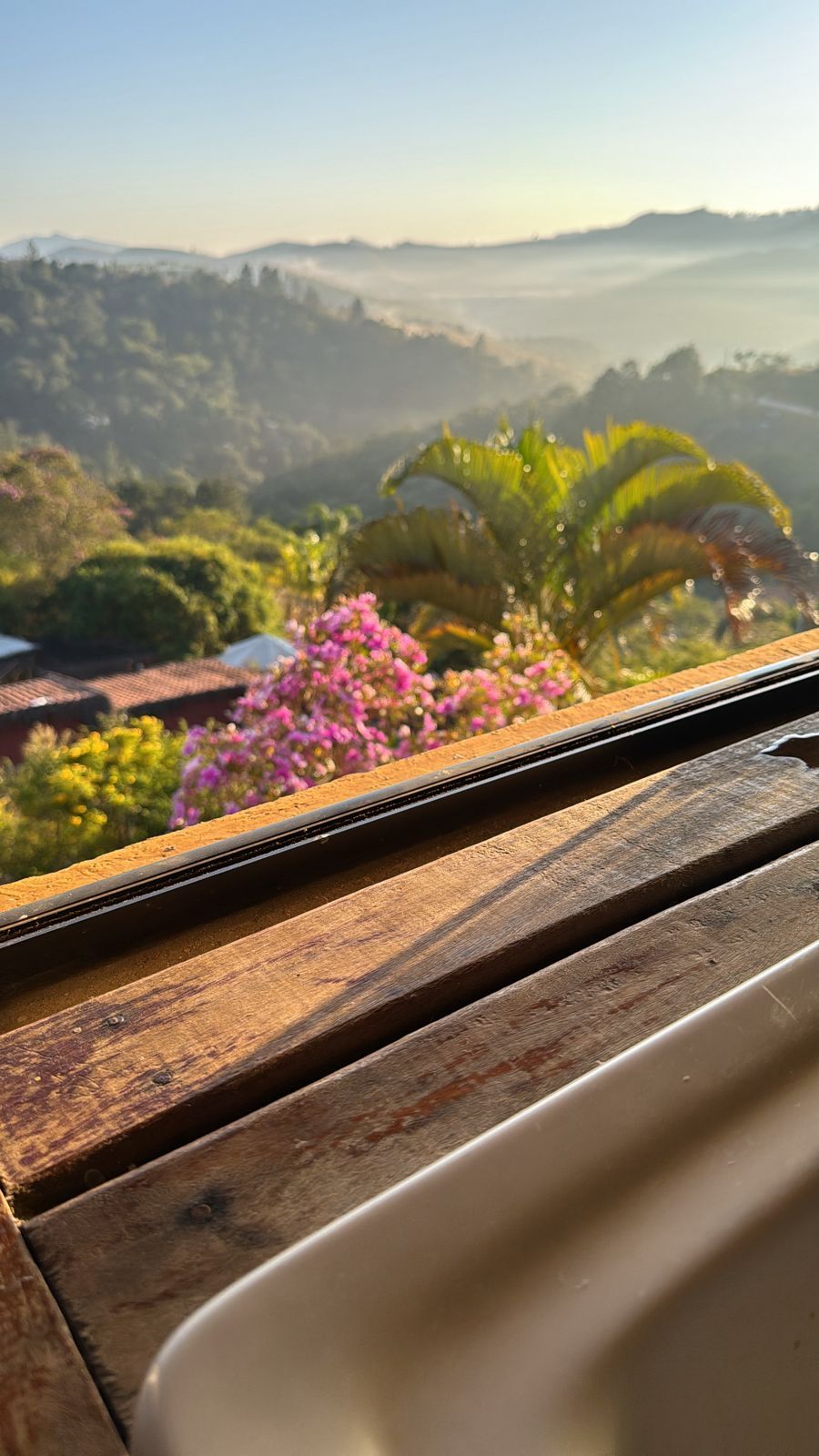 Vista da janela com um peitoril de madeira e guarda-corpo de metal.