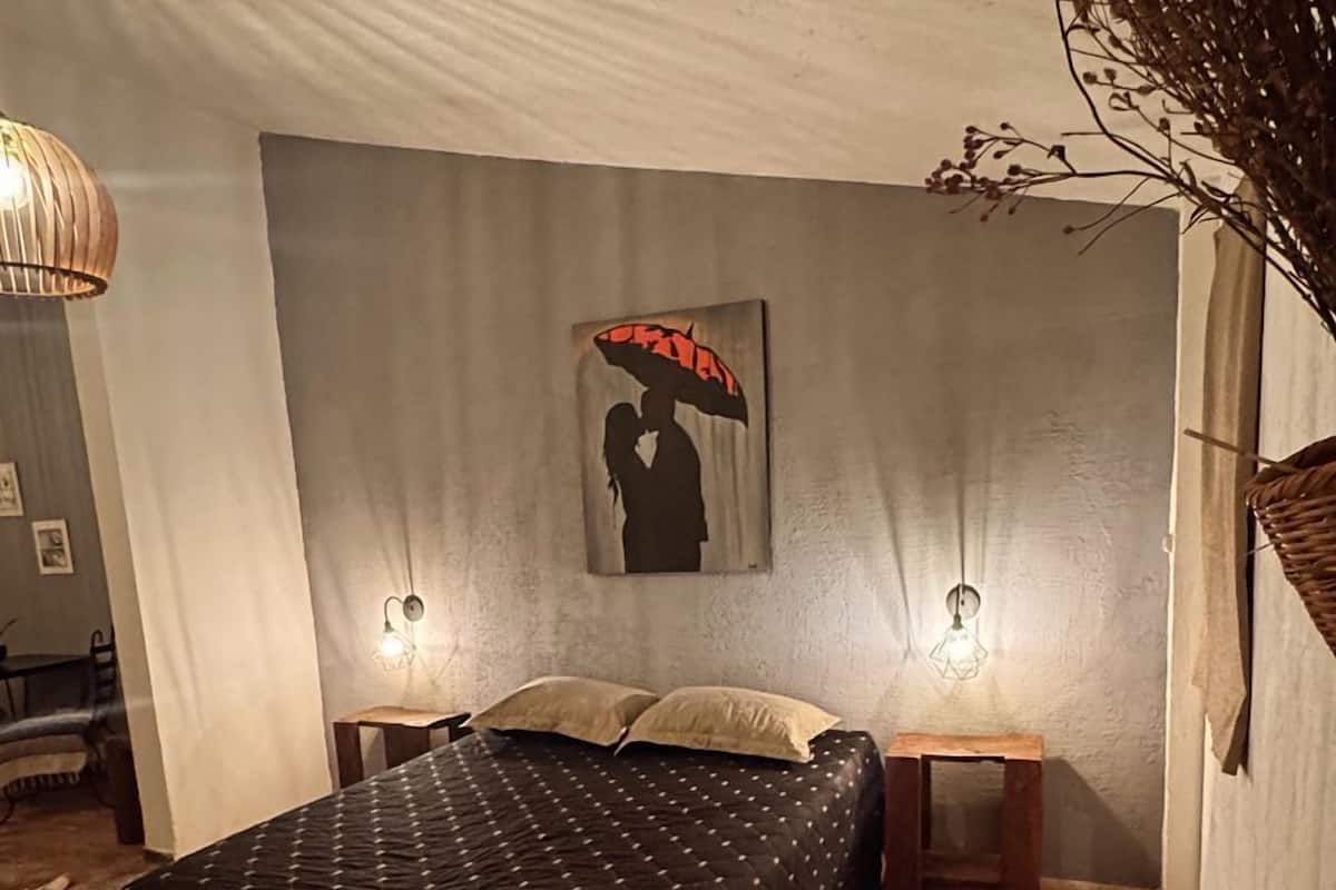 Une chambre à coucher comprenant un lit, deux tables de chevet, un luminaire fixé au mur et une plante suspendue.