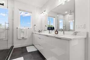 Shower, hair dryer, towels