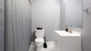 A bathroom with a toilet, sink, and mirror. - Charming 2-bedroom apartment in delightful Decatur with AC (Decatur)