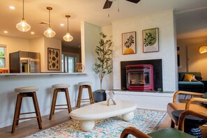 Smart TV, fireplace, music library