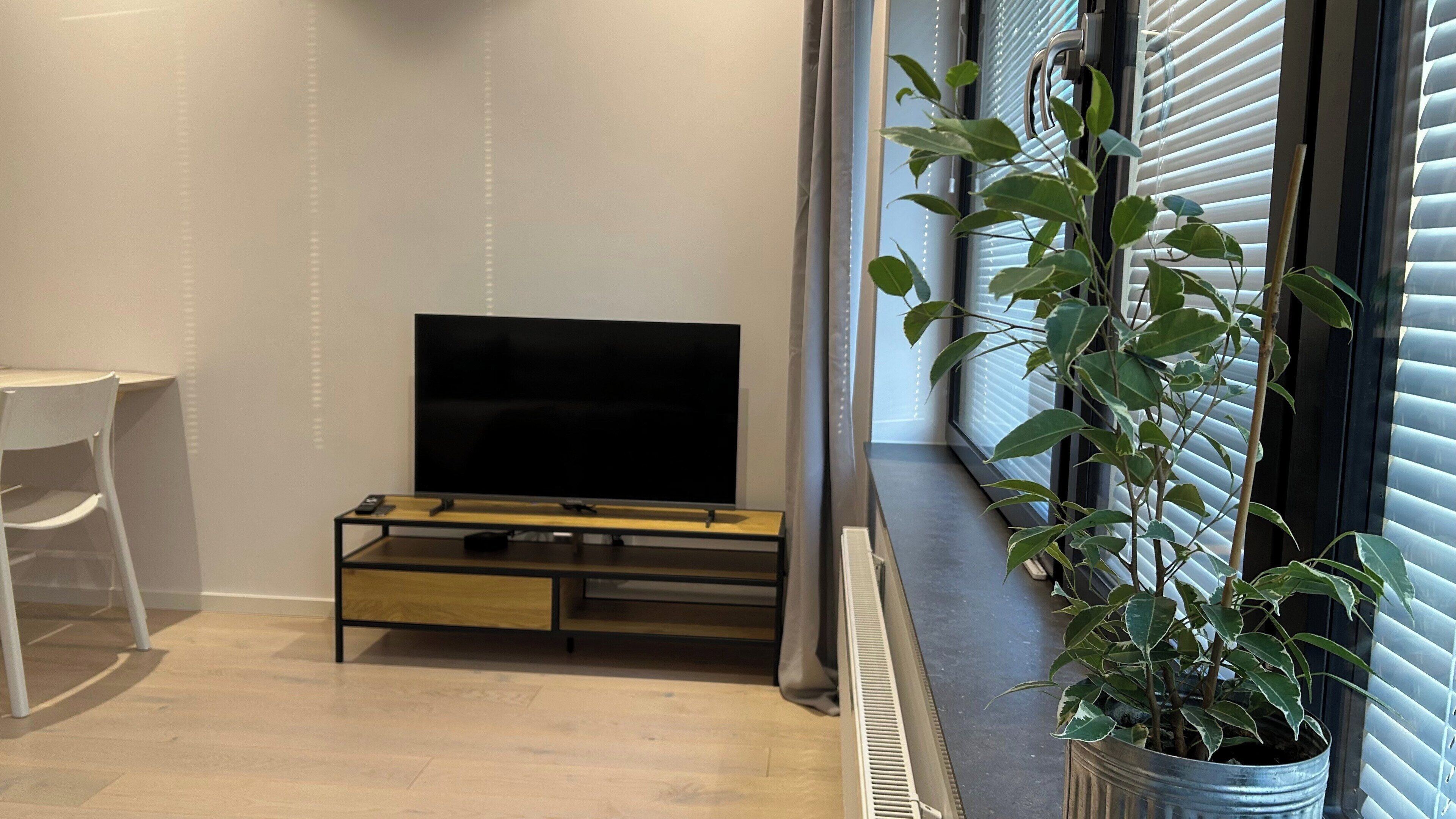 Ein modernes Wohnzimmer mit einem Flachbildfernseher auf einem Holz-TV-Möbel, einem kleinen weißen Tisch und einem Blumentopf am Fenster.