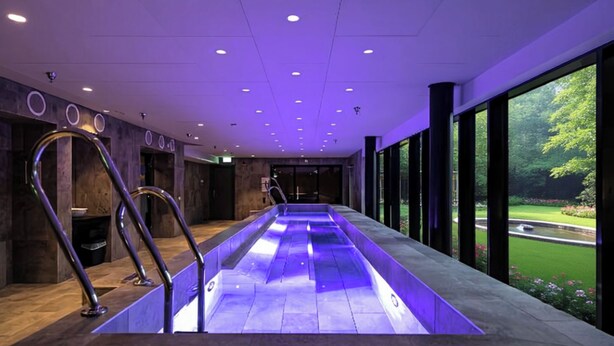 Un área de piscina moderna en el interior, con vistas a un jardín a través de amplios ventanales.