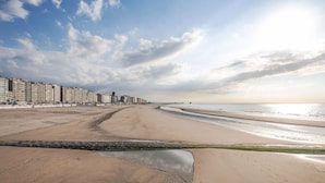 Een breed zandstrand met een rij gebouwen langs de kust.