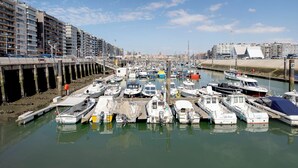 Een jachthaven met stilgelegde boten, een brug en gebouwen op de achtergrond.