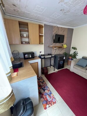 A compact living space with a kitchenette, a TV mounted on the wall, a sofa, and a red rug.