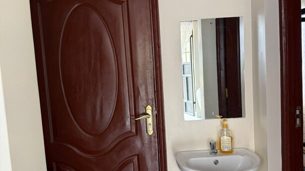 A closed wooden door with a brass handle, a white pedestal sink with a mirror above it, and a small bottle of hand soap on the sink.