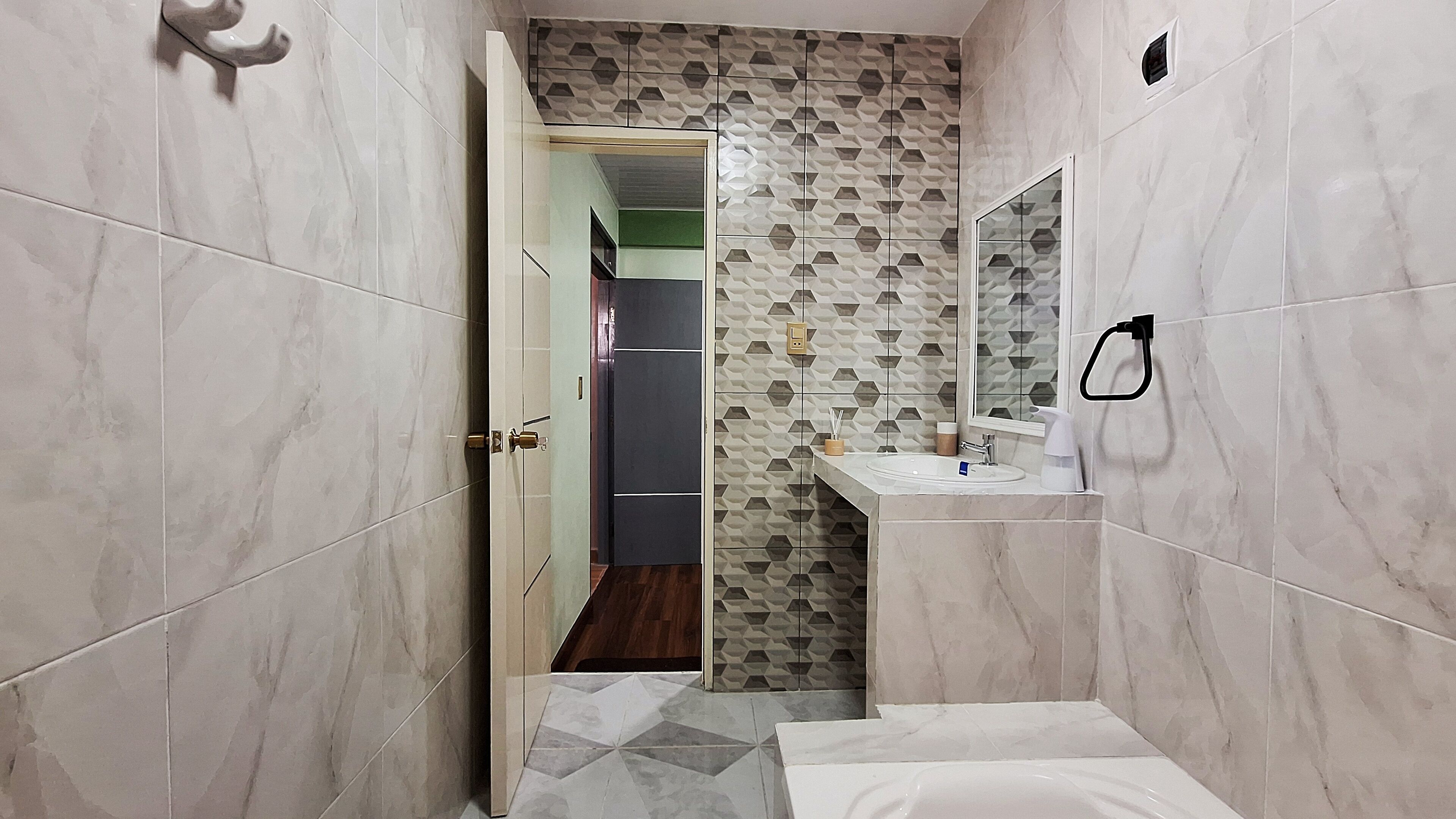 Hair dryer, towels, soap, toilet paper