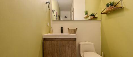 A compact bathroom with a toilet, a sink with a mirror above it, and a small shelf with plants.