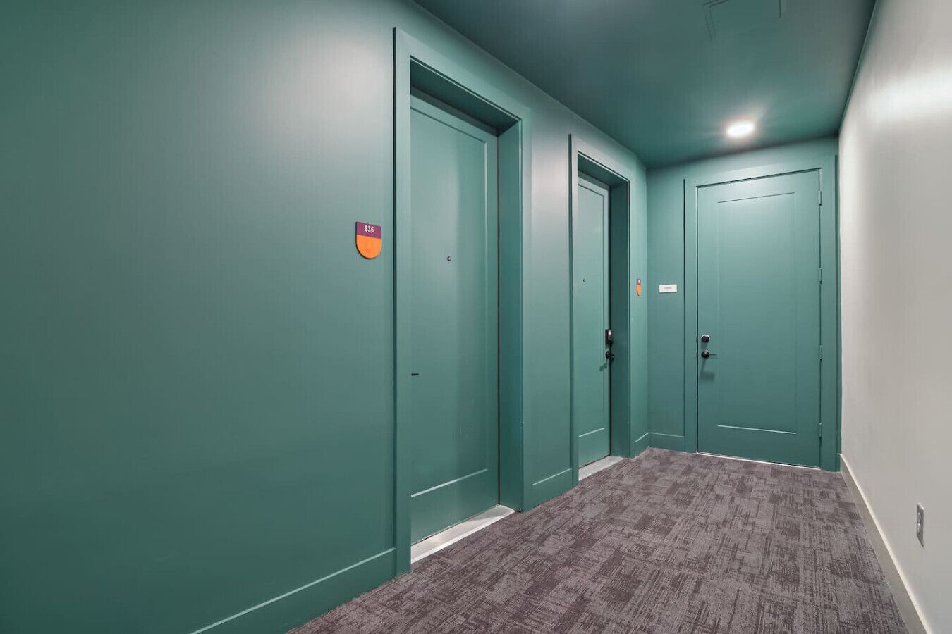 A hallway with teal-colored doors, carpeted flooring, and a sign indicating room number 36.