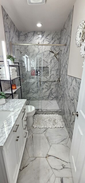 Shower, towels, soap, toilet paper