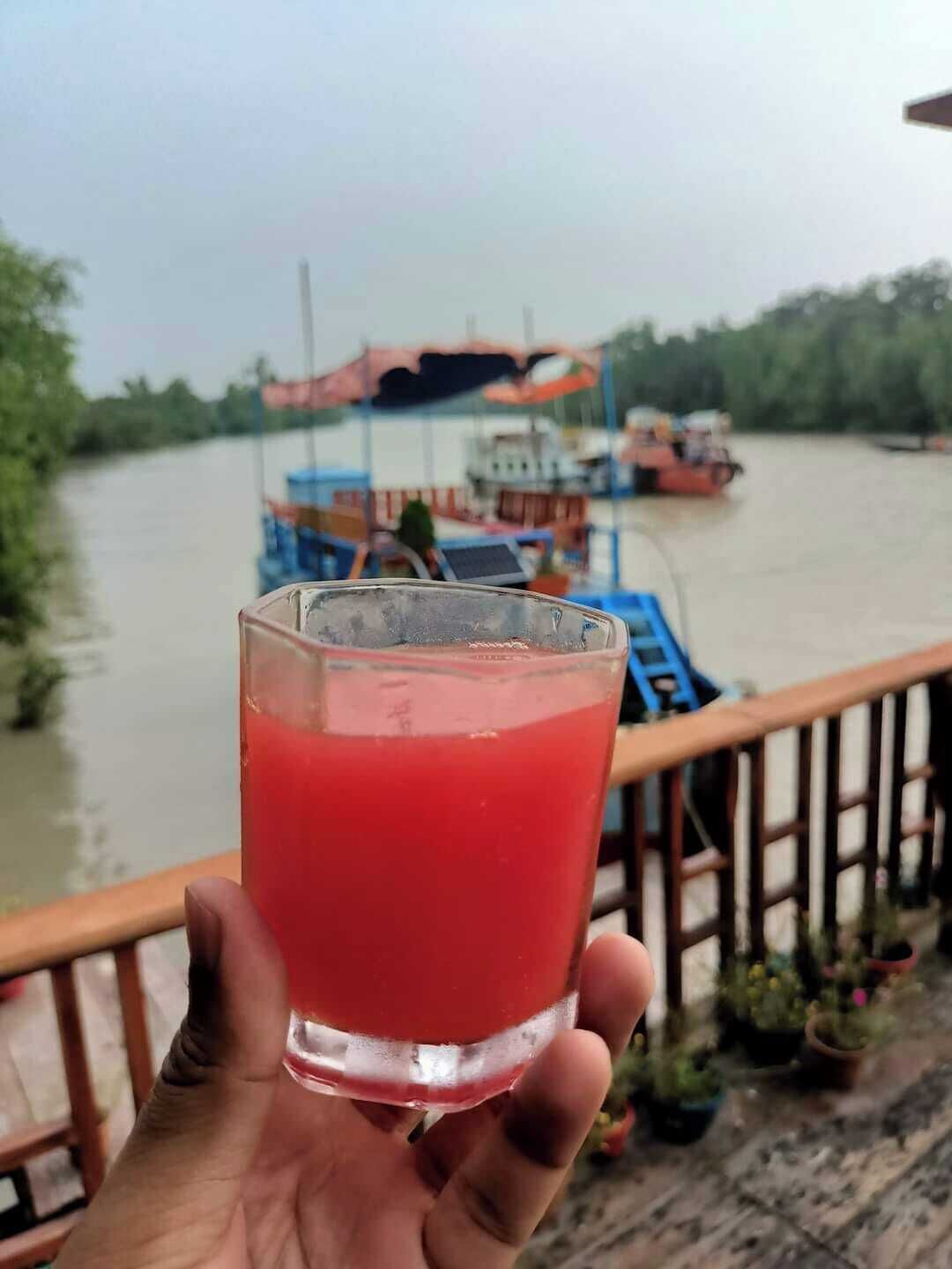 A hand holding a glass of red beverage with a river and boats in the background.