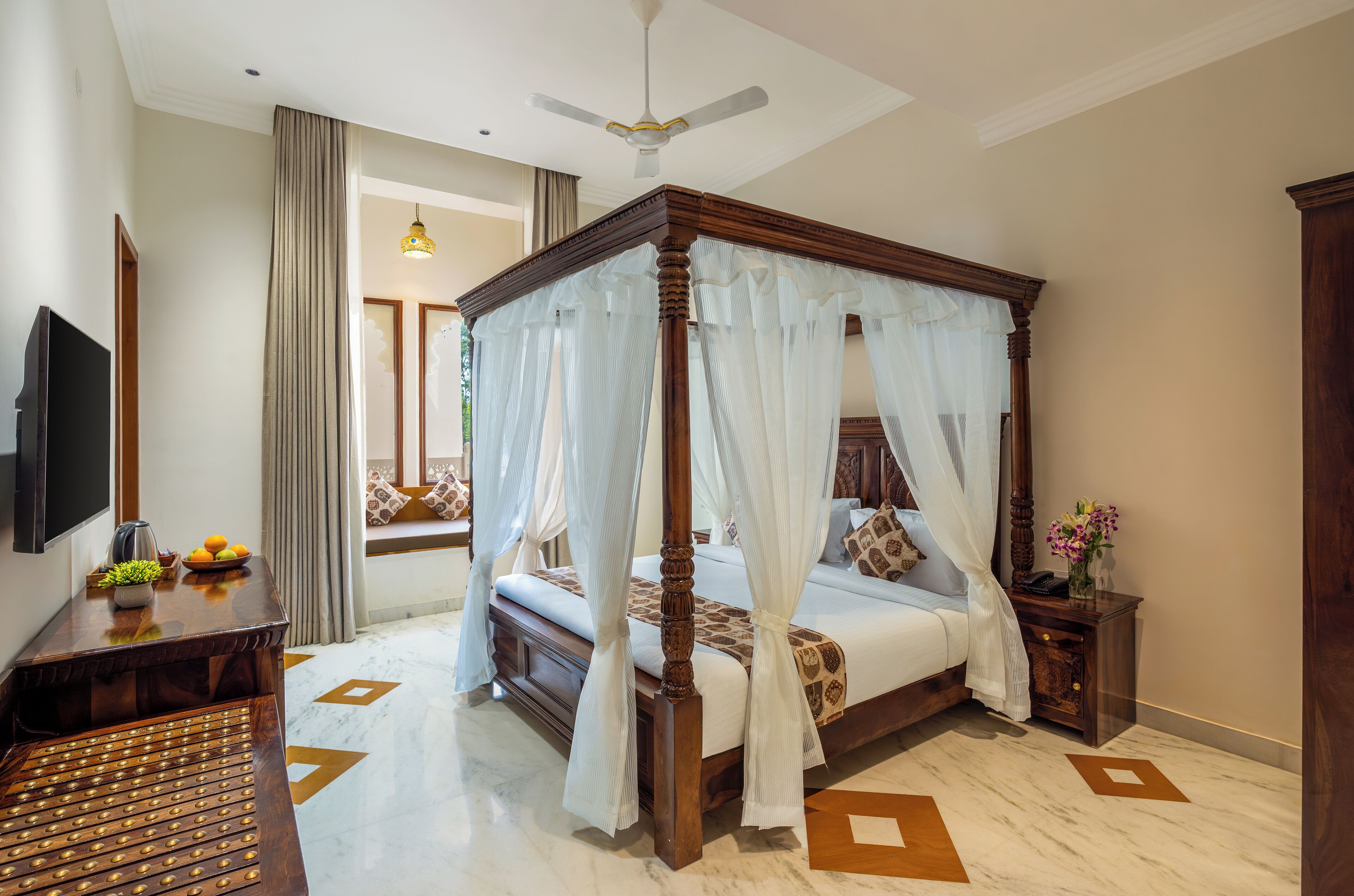 Imperial Room With Poster Bed And Jharokha | Premium bedding, desk, laptop workspace, free WiFi