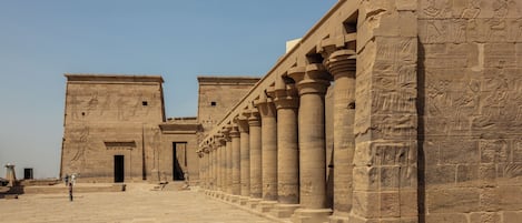 A grand entrance with large columns and hieroglyphic carvings, leading to a temple-like structure.