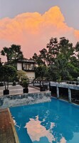 A rooftop pool with a view of trees and a building in the background.
