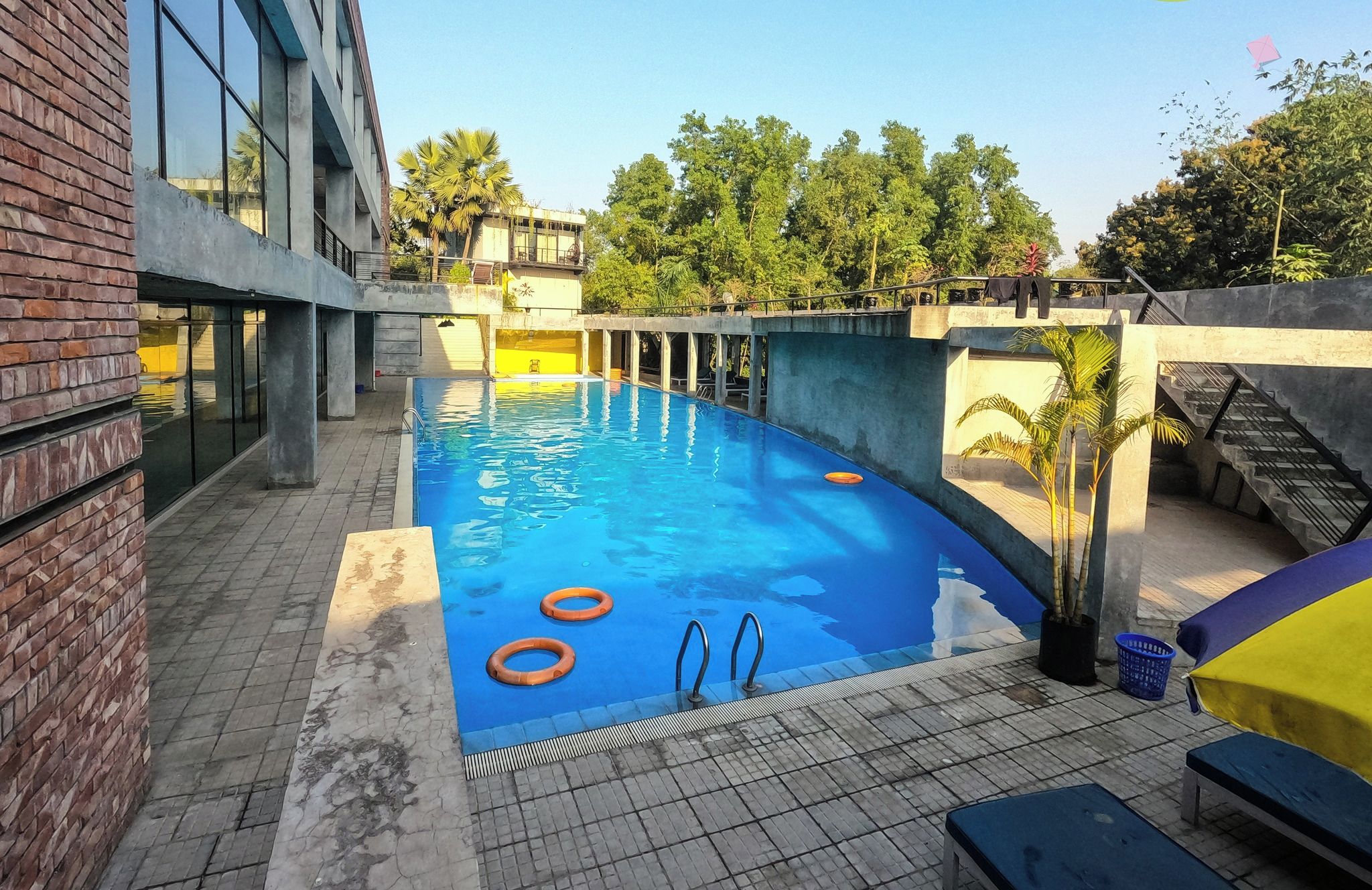 A swimming pool with a curved edge, surrounded by a brick wall and glass windows.