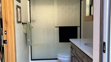 Shower, towels, toilet paper