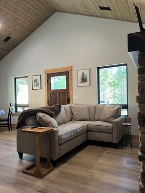 TV connectée, cheminée, livres