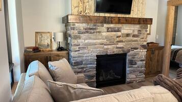 Smart TV, fireplace, books