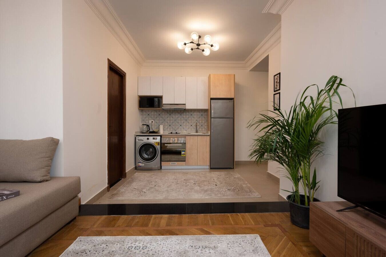 Een ruimtelijk ingerichte leefruimte met een kitchenette, een bank, een televisie en een potplant.