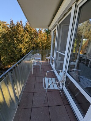 A balcony with metal chairs and a table, large windows, and a view of trees. - Comfortable vacation rental near the beach at Nige Ooge 9 with a balcony - House Nige Ooge (Cuxhaven)