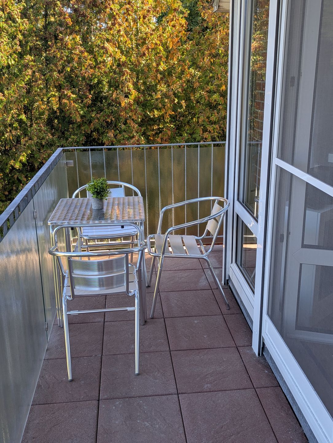 Ein Balkon mit einem Metalltisch und -stühlen, einem Blumentopf und Blick auf Bäume.