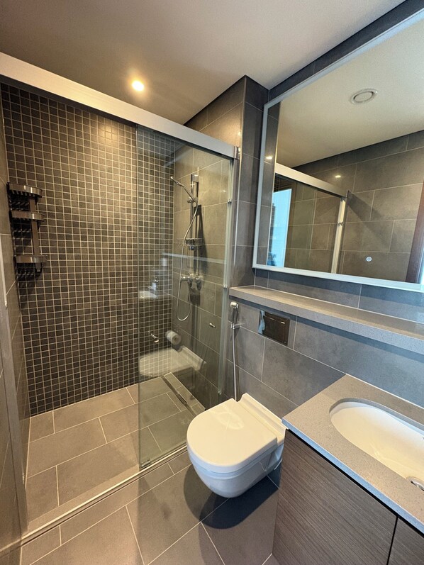 Hair dryer, towels, soap, toilet paper