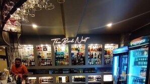 Un coin bar agrémenté d’un panneau néon sur lequel on peut lire « The Bird Nest », d’étagères remplies de différentes bouteilles et d’un réfrigérateur Guinness.