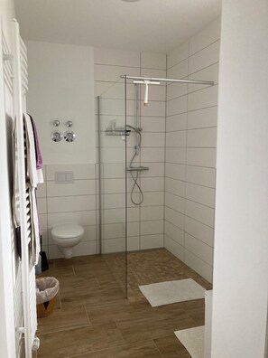 Un baño pequeño y limpio con ducha, inodoro y un toallero.