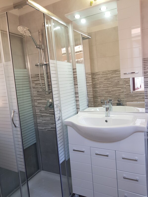 Shower, hair dryer, bidet, towels