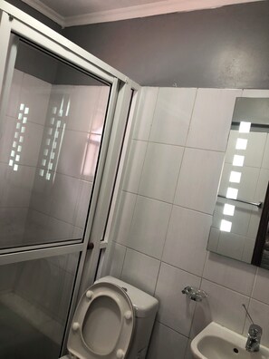 Shower, towels, soap, toilet paper