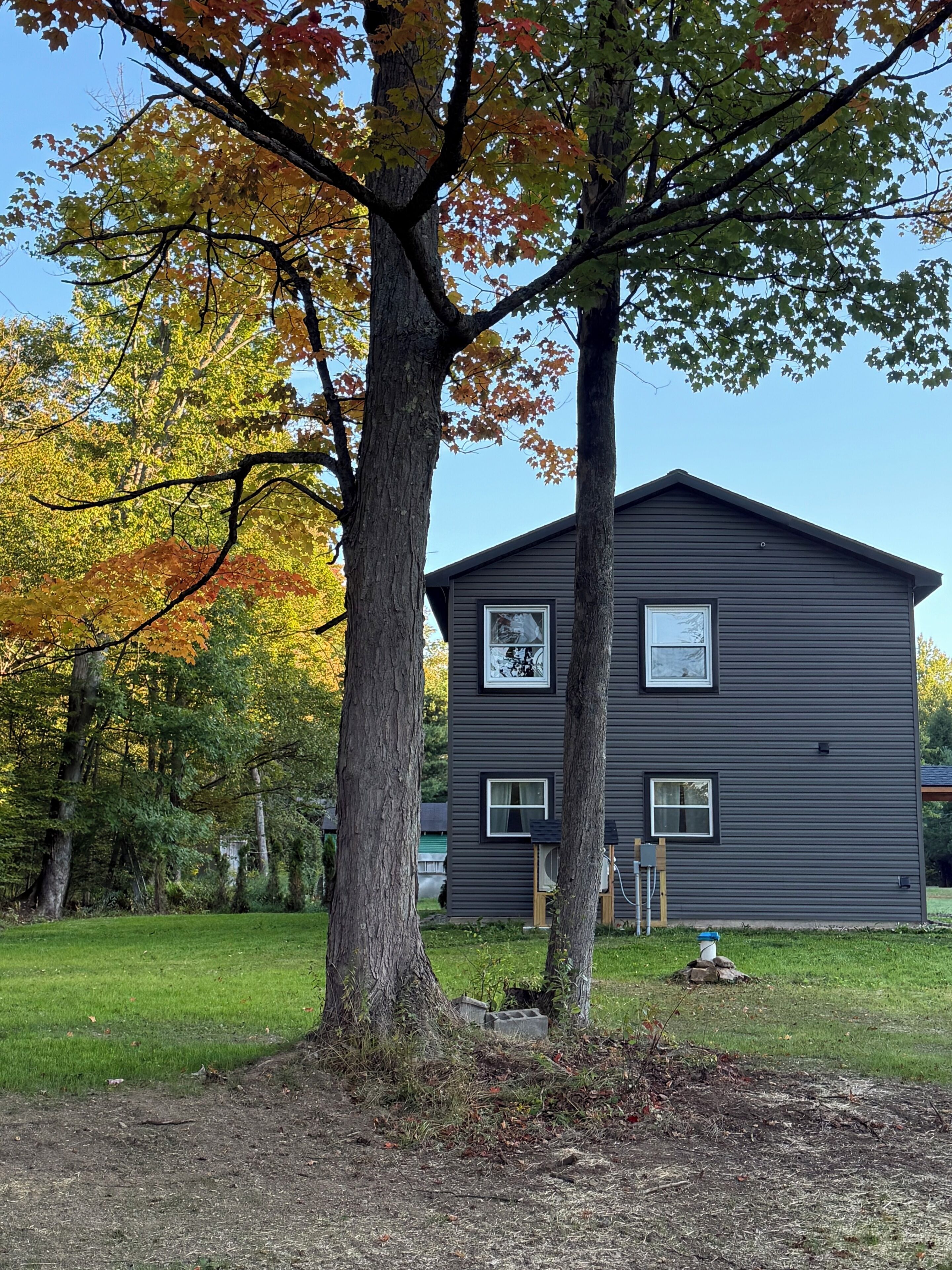A two-story building with a dark exterior, a visible window, and a tree with autumn leaves in front.