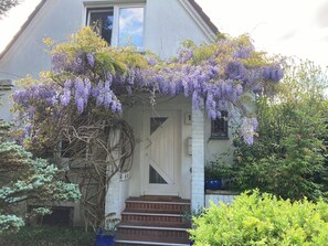 Et hus med hvide vægge, en hoveddør og en veranda dækket af lilla blomster.