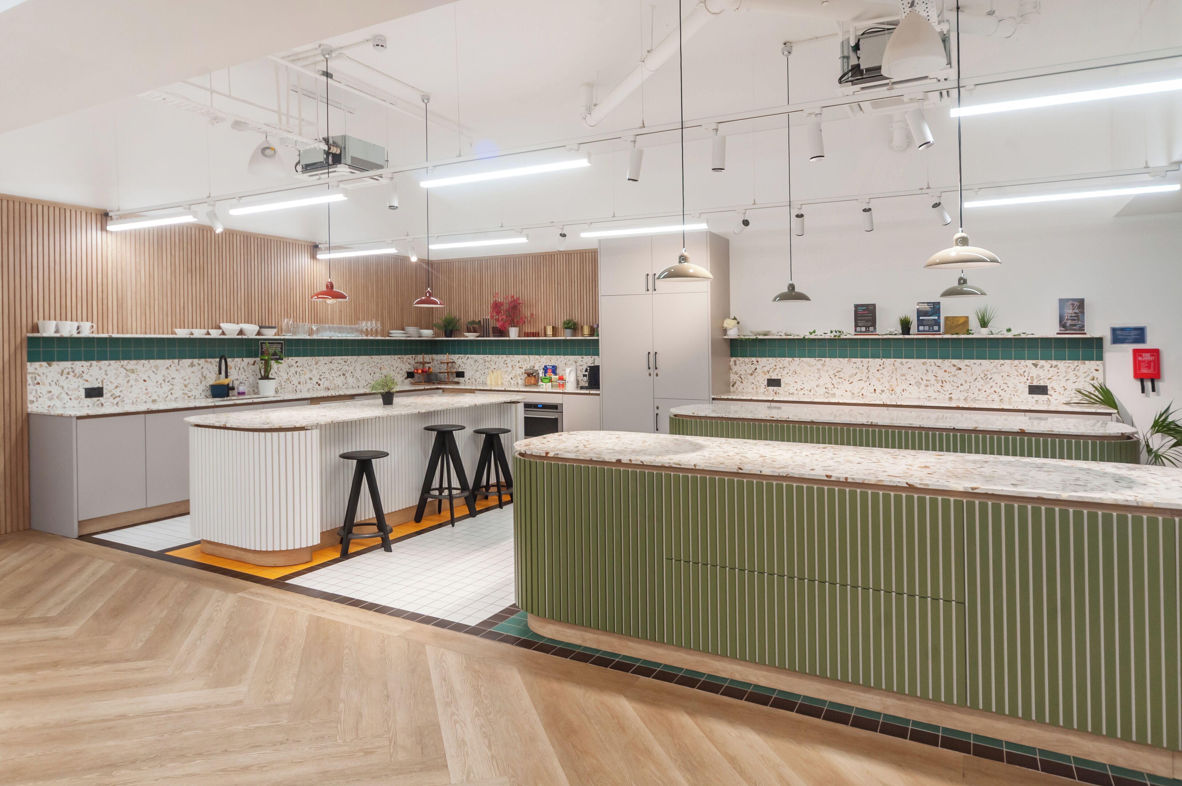 Een magnetron, een oven, een kookplaat, een vaatwasser