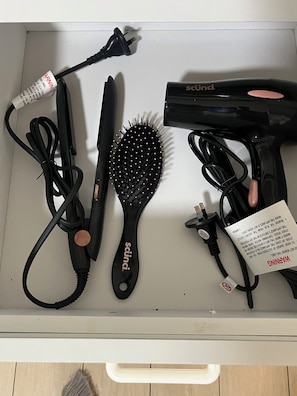 Hair dryer, towels, toilet paper