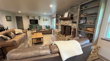 Smart TV, fireplace, DVD player, books