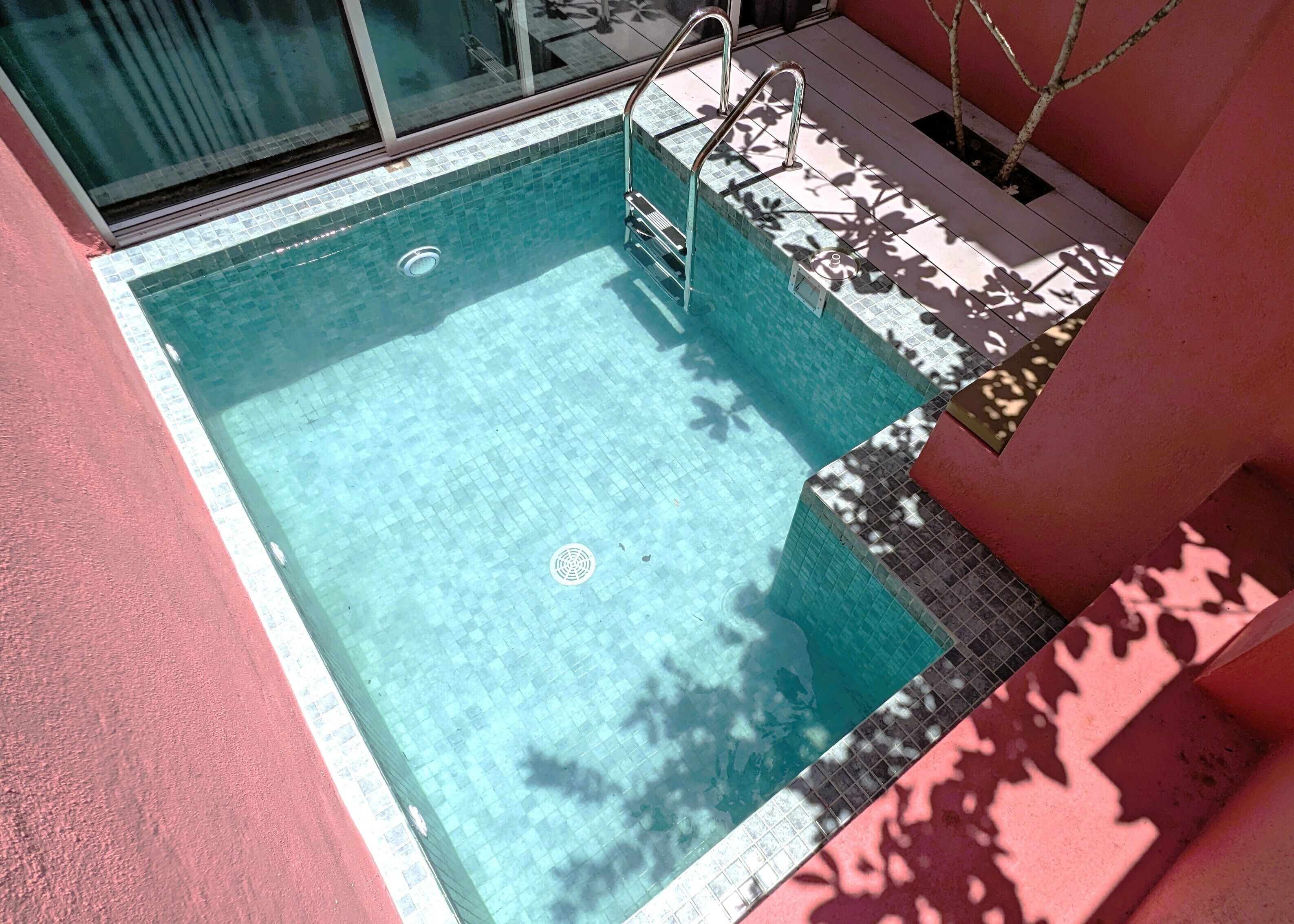 A small, rectangular swimming pool with a tiled edge, a metal ladder, and a drain in the center.