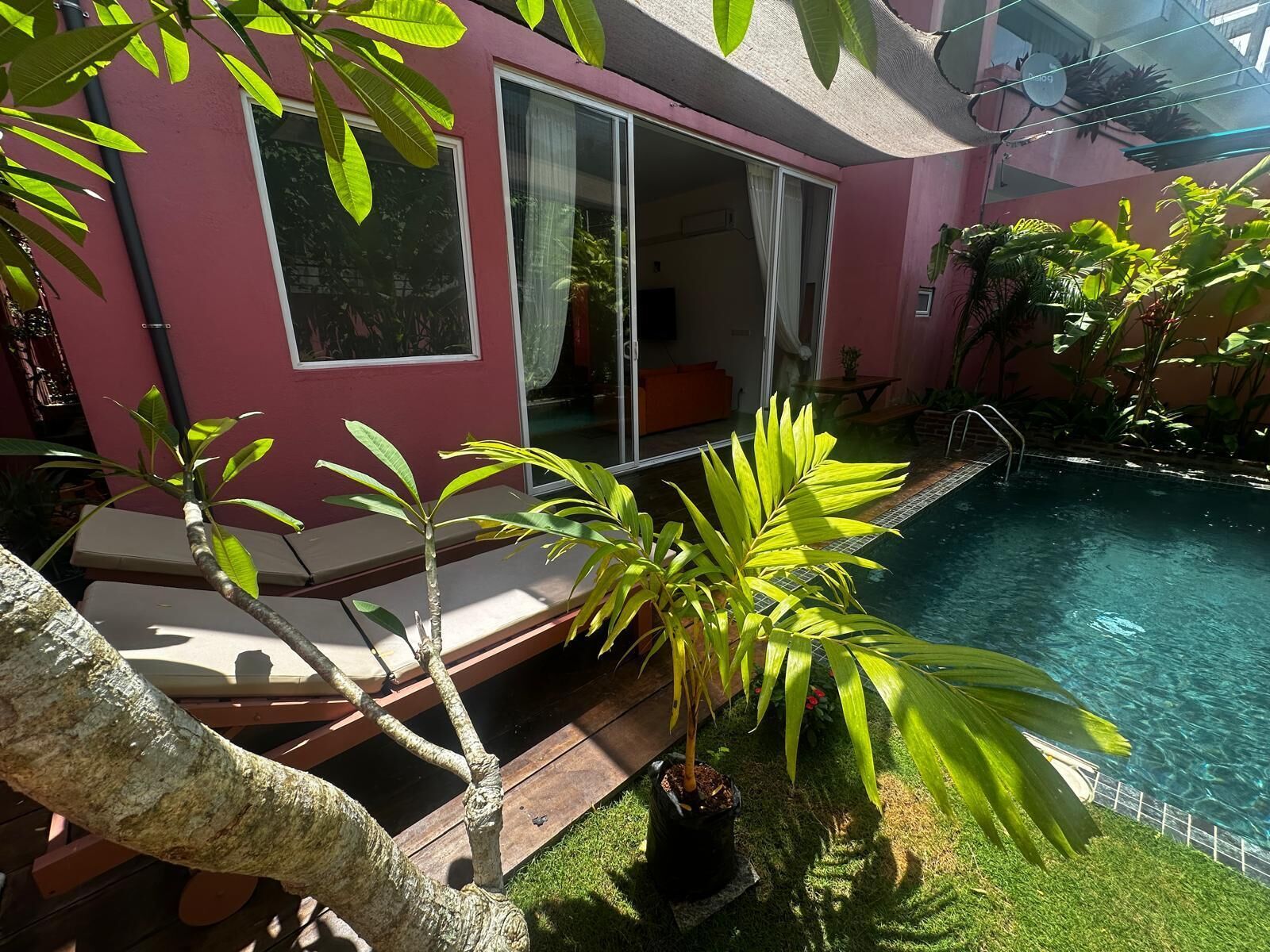 A private pool area with a glass door leading to a room, surrounded by lush greenery and a wooden deck.