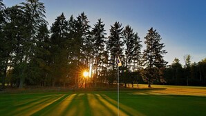 Ein Golfplatz mit Fahnenstange, umgeben von hohen Bäumen und blauem Himmel.