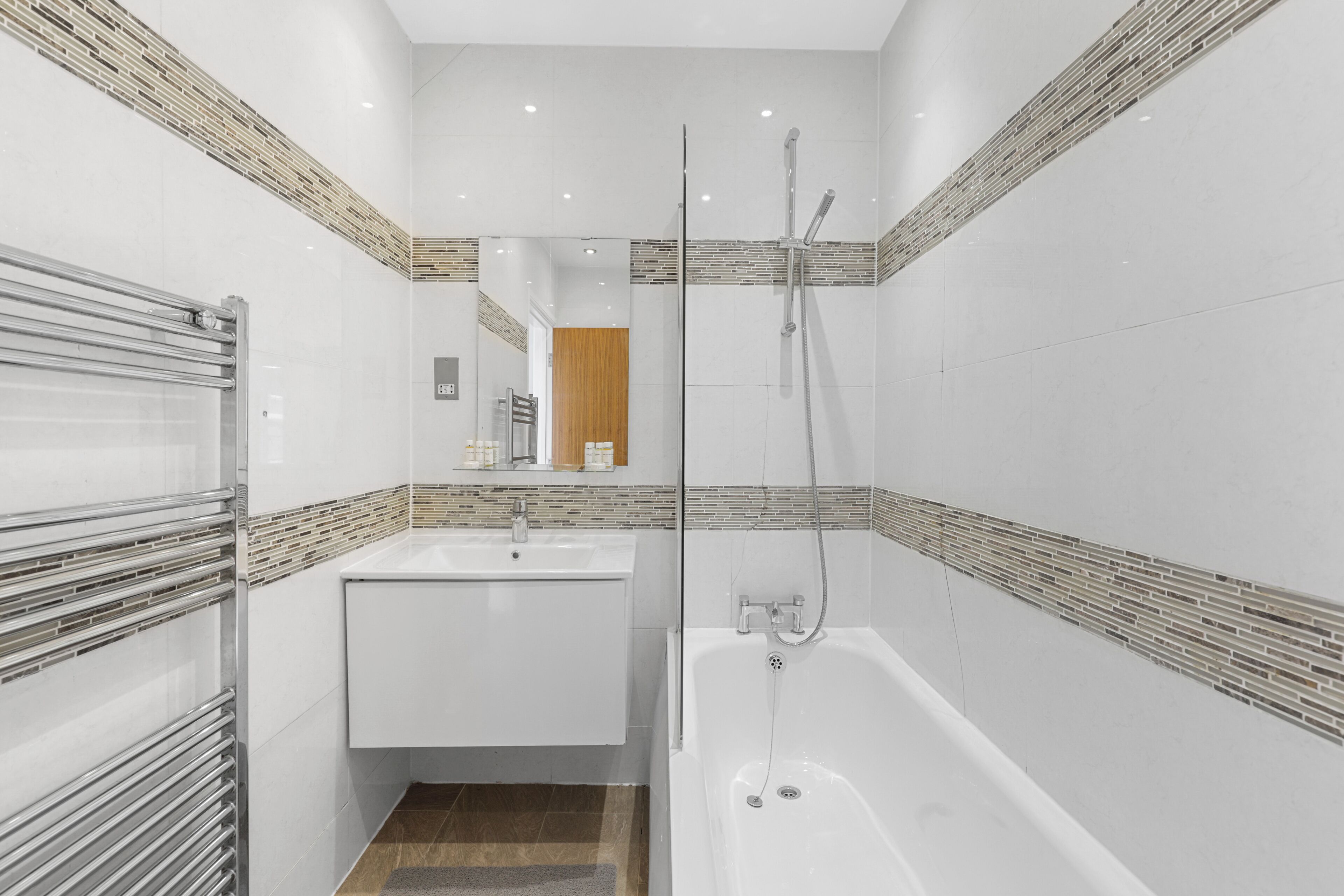 Hair dryer, towels, soap, shampoo