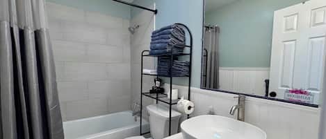 Hair dryer, towels, soap, toilet paper