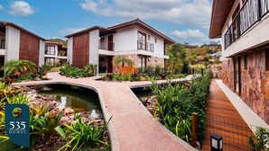 Una zona residencial con casas modernas, un pequeño puente y un jardín ajardinado con un estanque.