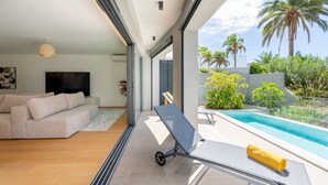 Una sala de estar moderna con un sofá, un televisor y vistas a una piscina y palmeras.