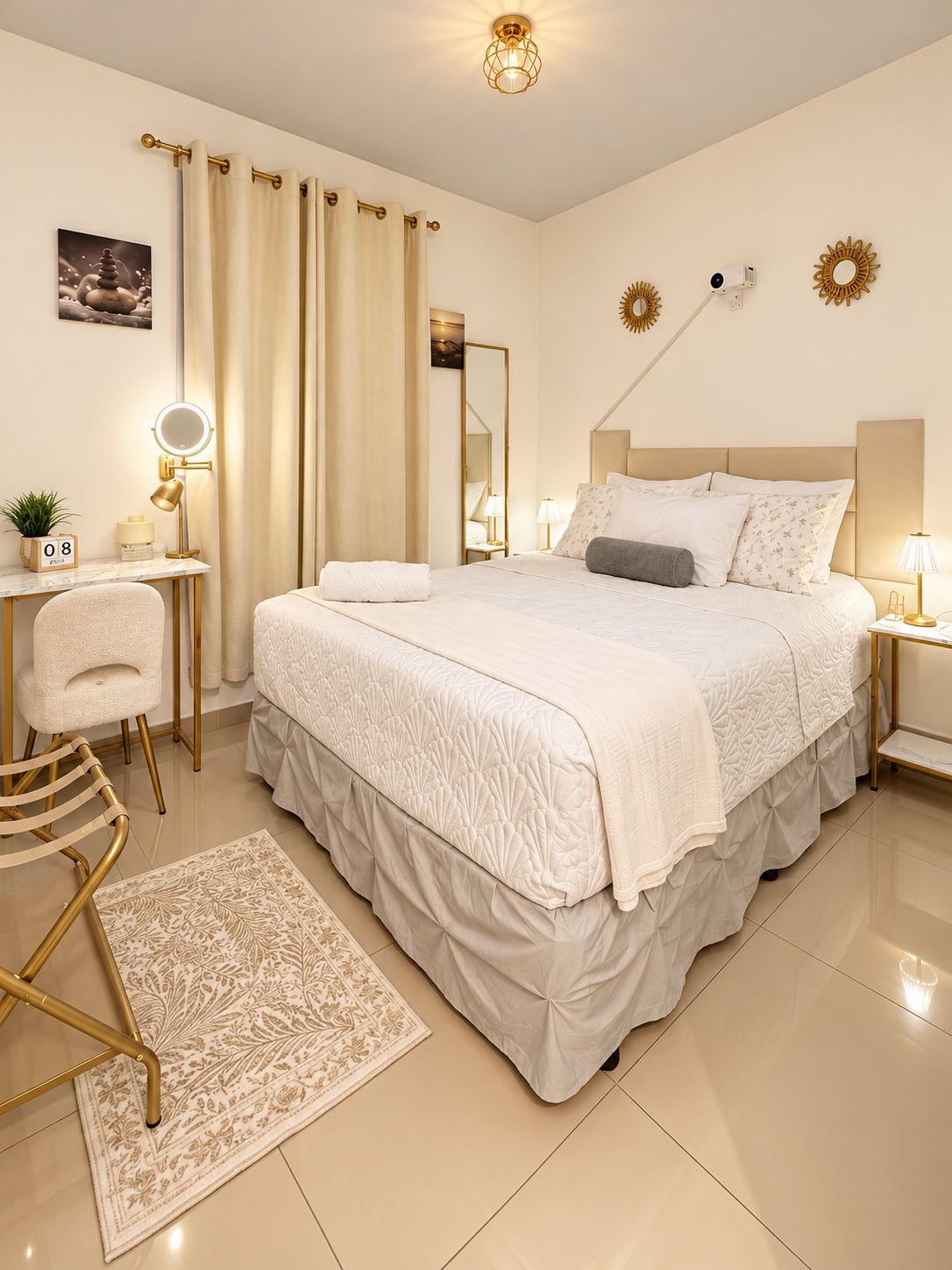 A modern bedroom with a large bed, bedside tables, a desk, and a chair.
