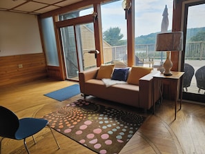 Smart TV, fireplace, books