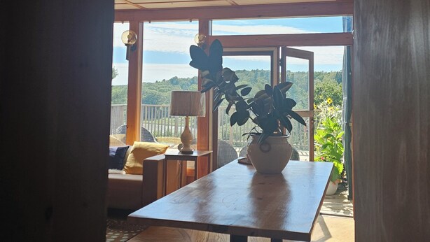 Een kamer met een houten tafel en stoelen, een plant in pot en uitzicht op een balkon met tuinmeubilair.