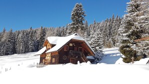 Una cabaña de madera con techo nevado, rodeada de árboles cubiertos de nieve y un cielo azul despejado.